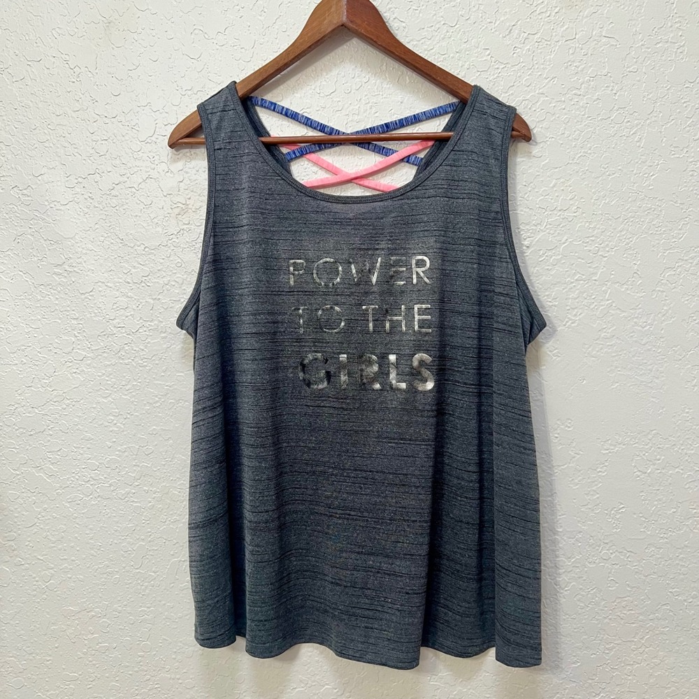 Livi Power To The Girls Graphic Active Tank Top Gray Strappy Back 18/20